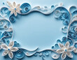 © Iuliia - Paper flowers crafted using the quilling technique. The flowers are in shades of blue and light blue are arranged in a circular pattern on background. Frame with copy space. AI generated