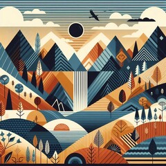 Wall Mural - geometric art style landscapes. AI generated illustration