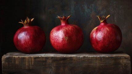 Poster - Three whole pomegranates with visible seeds sit in a row on a rustic wooden plank.