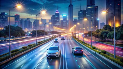 Cityscape Highway with Two Cars at Dusk, Light Trails, Night City, Urban Road, Street Lights