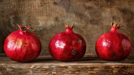 Poster - Three ripe pomegranates with visible seeds rest on a rustic wooden surface. The pomegranates are arranged in a row, and their red skin reflects the light.