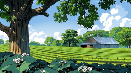 Poster -   A painting depicts a farm setting featuring a prominent barn in the foreground and a field filled with vibrant flowers in the background