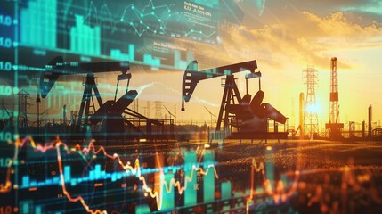 Aufkleber - Oil pump silhouettes in a field against a sunset backdrop, with superimposed digital financial charts and graphs indicating rising oil prices.