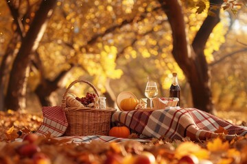 Poster - A picnic blanket spread out on a bed of fallen leaves in a forest setting, a wicker basket full of food and drink, with a wine glass and bottle on a tray.