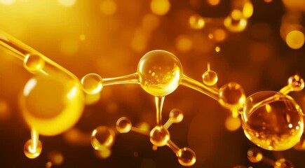 Poster - Golden molecular structure with shiny reflective surfaces and bokeh light effects, signifying scientific research or cosmetic formulations.