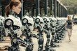 © Konstiantyn Zap - A lone woman walks through a factory, past an assembly line of humanoid robots