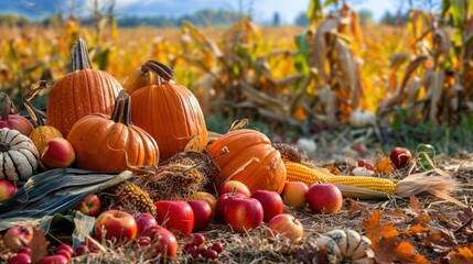 Poster - A close-up of a harvest of pumpkins, apples, and corn, surrounded by fallen leaves in a field.