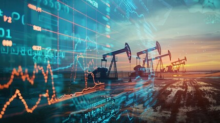 Aufkleber - A row of oil pumps silhouetted against a sunset, with a digital screen overlay showing financial charts and graphs.