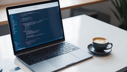 laptop with coding on the screen and a cup of coffee on a desk