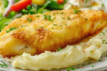 Fish Mashed Potatoes - Fried Cod Fillet Dinner with Vegetable Salad