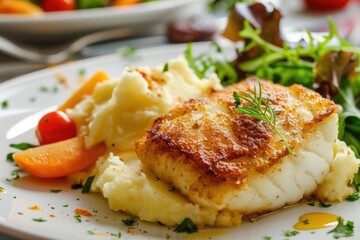 Fish Mashed Potatoes - Delicious Fried Cod Fillet with Salad and Vegetables