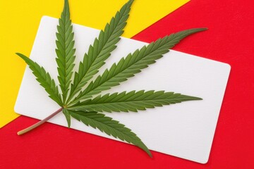 A single cannabis leaf rests atop a blank white card, set against a backdrop of bright yellow and red