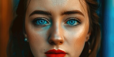 Wall Mural - A woman with bright blue eyes looks directly at the camera, her expression soft and thoughtful. Her skin glows with a warm, ethereal light