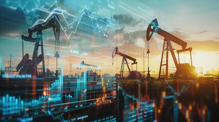 Poster - Oil pumps silhouetted against a setting sun, overlaid with digital financial charts showing rising prices.