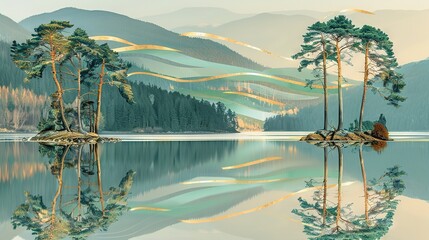 Wall Mural -   A mountain lake painting with tree reflections in the water and towering mountains behind it