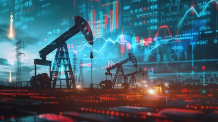Aufkleber - Oil pumps in a field are silhouetted against a setting sun with digital financial charts and graphs superimposed.