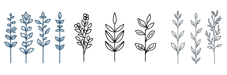 Outline icons of leaves, vector thin line symbols isolated on transparent background 