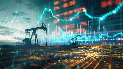 Poster - Oil pump silhouettes in a field at sunset with a superimposed digital screen displaying financial chart graphs.