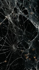 Close-up of spider web with tiny spiders on a dark background, intricate details. Nature and wildlife concept