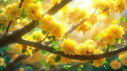 Poster -  A tree's branch with yellow flowers and green leaves facing a blue sky and sun shining through the leaves