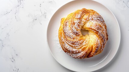 Canvas Print - Top view of vanilla cream Danish pastry on white plate with copy space