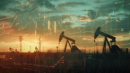 Aufkleber - Oil pumps are silhouetted against a sunset sky, with a digital overlay of financial charts and graphs showing the rise in oil prices.