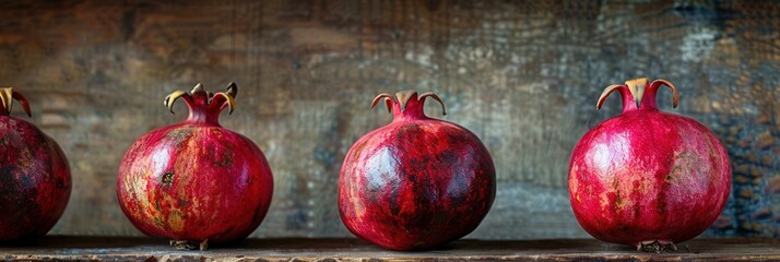Leinwandbilder - Three ripe pomegranates with visible seeds are arranged on a rustic wooden surface, showcasing their vibrant red color and natural beauty.