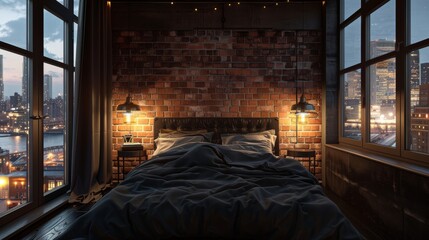 A modern bedroom with industrial elements, exposed brick wall