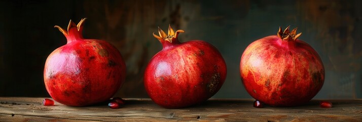 Leinwandbilder - Three red, ripe pomegranates with visible seeds sit on a rustic wooden surface.