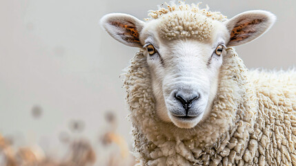 A close-up portrait of a white sheep with fluffy wool looking at the camera with a neutral expression, suitable for agriculture and nature-related content.