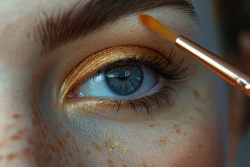 close-up of a woman's eye with golden eyeshadow applied, showcasing beauty makeup techniques and nat