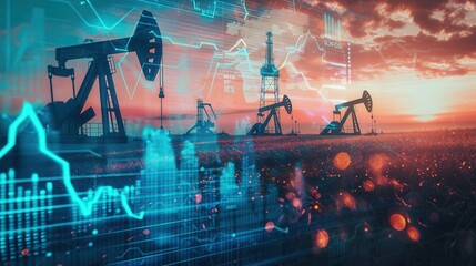 Aufkleber - A field of oil rigs at sunset, overlaid with digital charts and graphs showing fluctuating financial data.