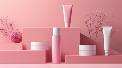 Wall Mural - Cosmetics branding mock up with tubes and jars on colored background