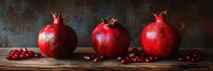 Leinwandbilder - Three ripe pomegranates and scattered seeds on a wooden table, illuminated from the left, cast shadows on the right side