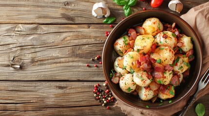 Canvas Print - Dumplings potatoes and bacon in a bowl on a wooden table from top view with space for text