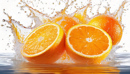 Fresh orange halves falling in water with splash isolated on white background