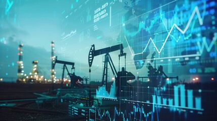 Aufkleber - Oil pumps are silhouetted against a backdrop of financial charts and a global map, illustrating the rise in gasoline prices.