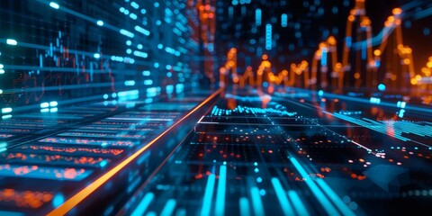 Trading chart hologram in space, hyperrealistic photography, detailed, blue blue and orange lighting, colorgraded, cinematic