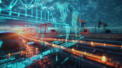 Aufkleber - Oil pump field at twilight with an overlay of digital financial data showing rising prices.