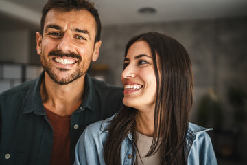 Sticker - close up couple of boyfriend and girlfriend smile and hug at home