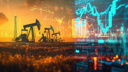 Aufkleber - Oil pumps in a field are silhouetted against a sunset background with overlaid digital financial chart graphs showing price fluctuations.