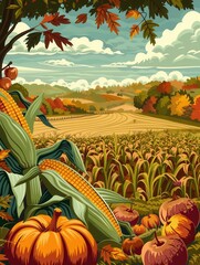 Poster - A bountiful autumn harvest in a rural cornfield, with ripe pumpkins and apples scattered amongst the tall corn stalks.