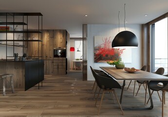 Wall Mural - modern kitchen and dining room with wooden wall.