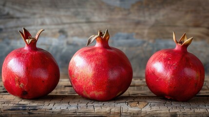 Leinwandbilder - Three ripe pomegranates sit on a rustic wooden surface, showcasing their red skin and juicy seeds.