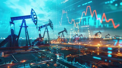 Aufkleber - A double exposure photograph combines images of oil pumps with financial charts and graphs, illustrating the concept of rising gasoline prices.