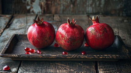 Leinwandbilder - Three ripe pomegranates lie on a wooden tray, with a few seeds scattered around them. The pomegranates are red and glossy, and the tray is dark brown and rustic.