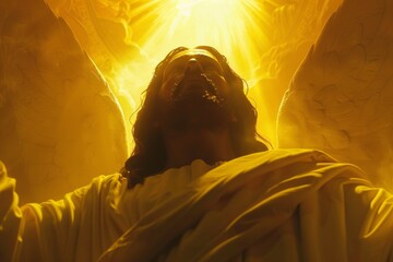 Canvas Print - Jesus, with long hair and beard, ascends into heaven, surrounded by a golden glow, his body enveloped in a white robe.