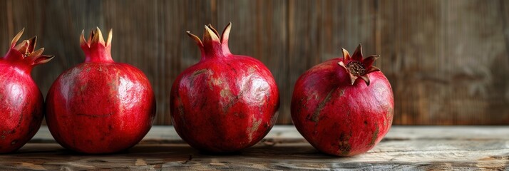 Leinwandbilder - Four ripe pomegranates lay side-by-side on a rustic wood surface.