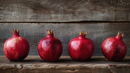 Leinwandbilder - Four red pomegranates arranged on a rustic wooden surface, with visible seeds.