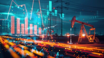 Aufkleber - An oil pump jack field at night, with a digital screen overlay displaying financial charts and graphs.